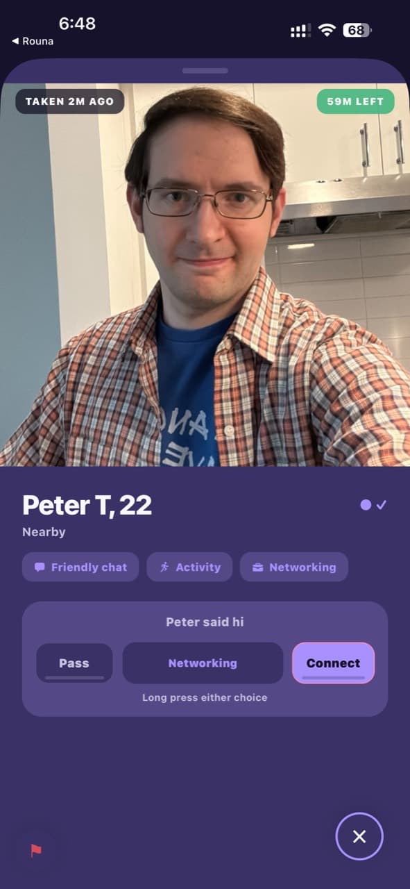 Peter's Rouna Hi request with Pass and Connect choices.
